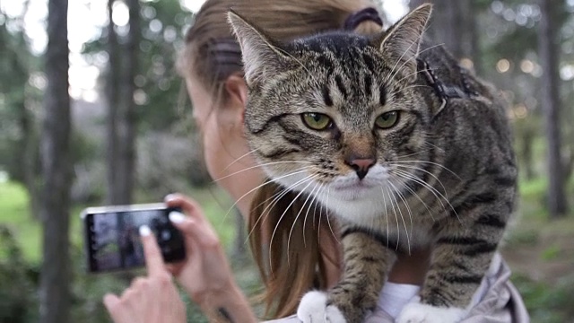 Selfy。一个女孩和一只猫在自拍视频素材