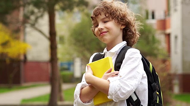 一个手里拿着一本书的小男孩的特写。男孩若有所思地望着远方，露出梦幻般的微笑。卷发，白衬衫。回到学校视频素材