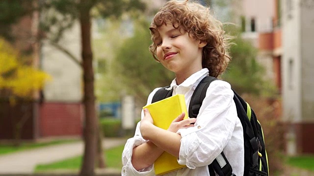 一个手里拿着一本书的小男孩的特写。男孩若有所思地望着远方，露出梦幻般的微笑。卷发，白衬衫。回到学校视频素材