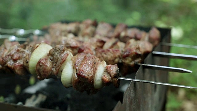 羊肉串是在火盆上炸的。烧烤，在炭上炸肉。视频素材