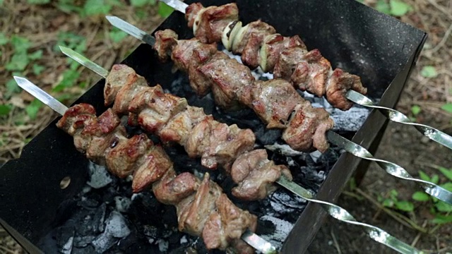 烧烤，在炭上炸肉。羊肉串是在火盆上炸的。视频素材