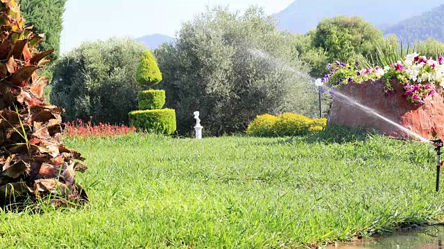 洒水器在阳光明媚的夏日给草地浇水视频素材