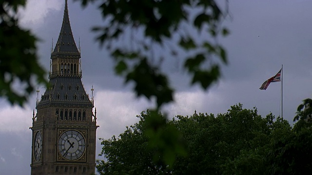 MS View of Big Ben tower with treetop in foreground /英国伦敦视频素材