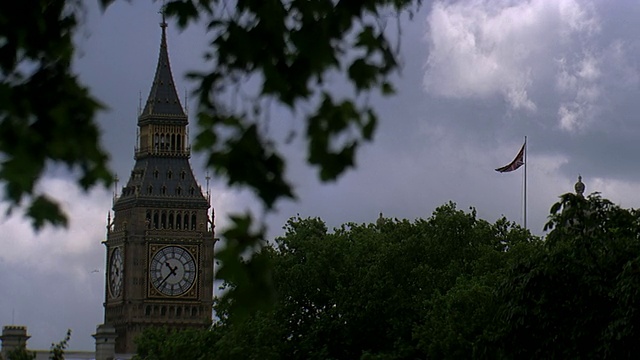 MS View of Big Ben tower with treetop in foreground /英国伦敦视频素材