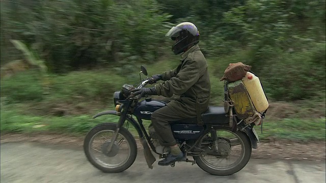 骑摩托车的人沿着一条穿过丛林的柏油路行驶/越南国芳国家公园视频素材画面4
